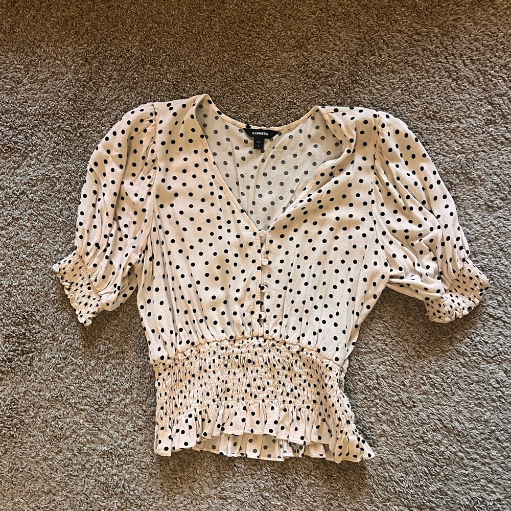 Express Cream Polka Dot Smocked Peplum Blouse